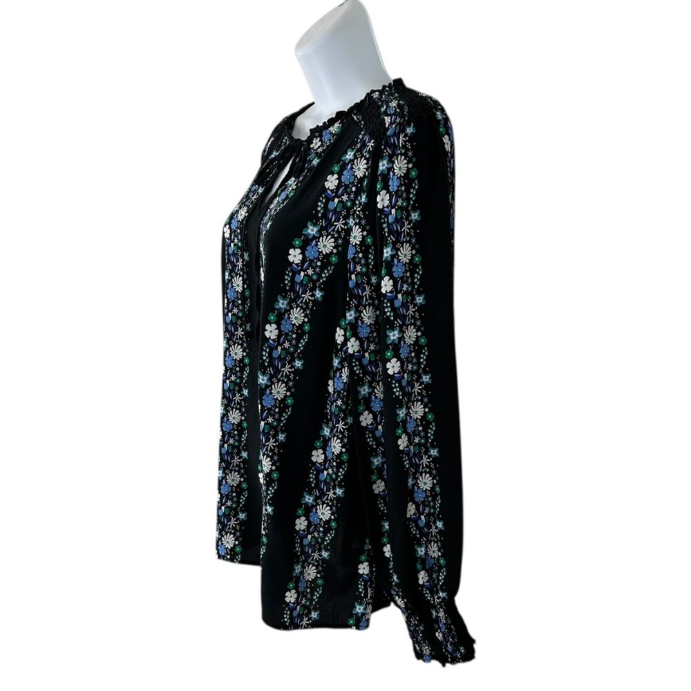 Talbots Women's Size M Dark Floral Striped Smocked Black Blouse - Picture 3 of 9